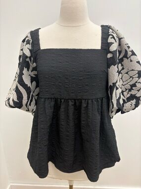 THML Black Peplum Top with Cream Floral Puff Sleeves